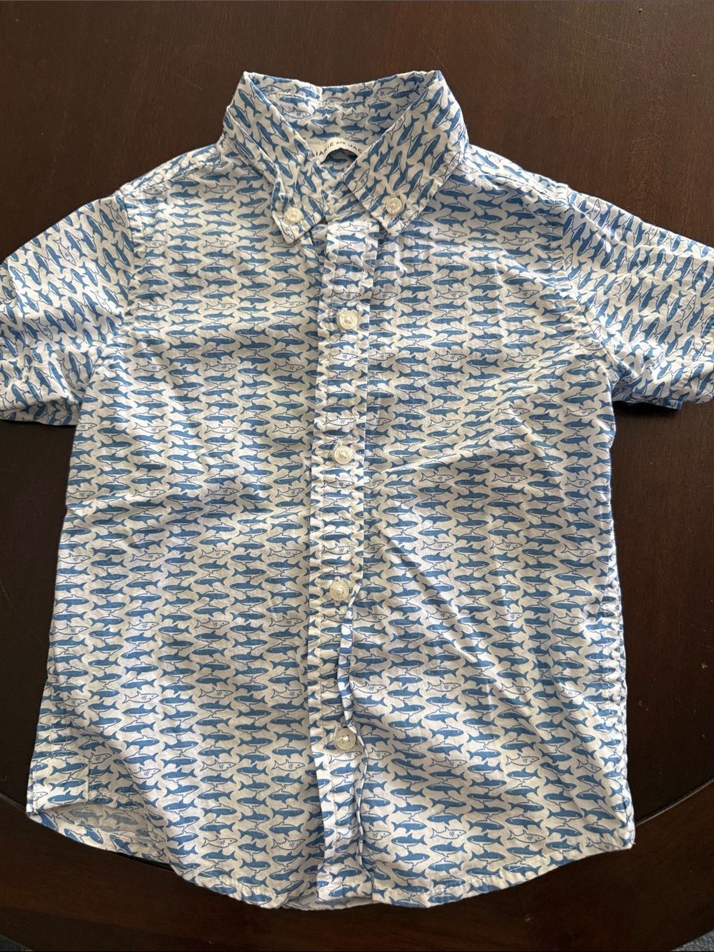 Janie and Jack Blue and White Short-Sleeve Button-Down Shirt with Fish Print